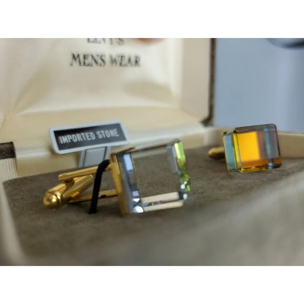 Vtg Cubic Prism Crystal Quartz Goldtone Cufflinks Levy's‎ Mens Wear Original Box